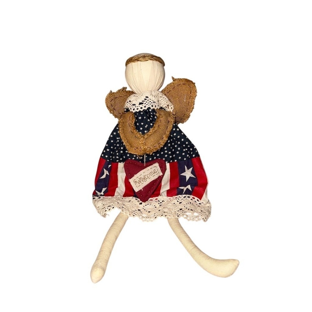 Patriotic Americana Angel Shelf Sitter Figurine Welcome Heart 12" folk primitive